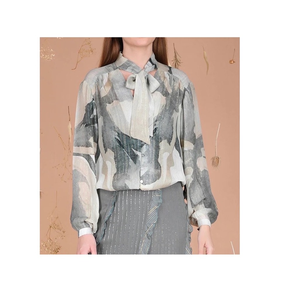 NWT Blank London Moira Blouse XS Metallic Tie Neck Abstract Office Sheer Artsy